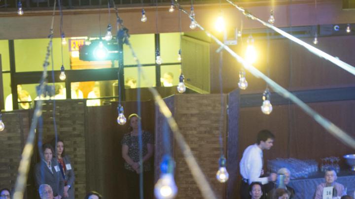 Donner professor of science John Huth, who co-directs the science program of the Radcliffe Institute’s Academic Ventures initiative, guided the dinner audience around an overhead display of lights arranged to mimic constellations.