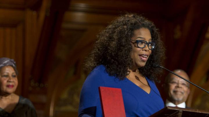 Oprah Winfrey accepts the W.E.B Du Bois Medal for the late writer and activist Maya Angelou.