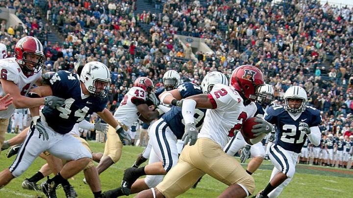 Familiar sights: Harvard defensive back Steve Williams picked off an Eli pass during the 37-6 win in the 2007 Game, the triumph that launched the current eight-year streak.