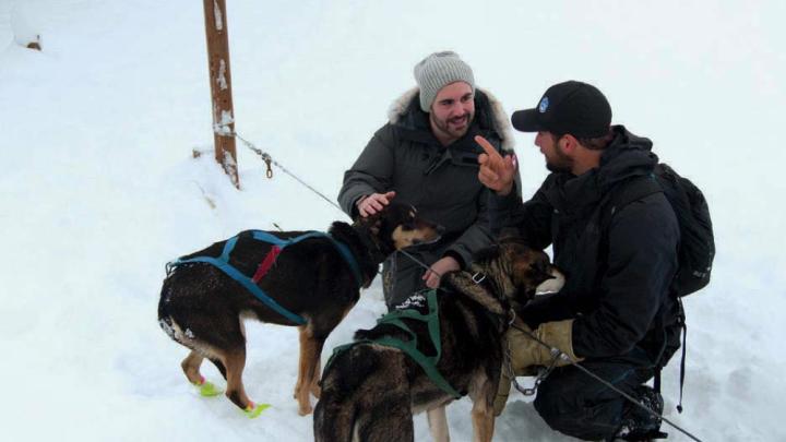 Two men kneeling down to play with sled dogs in the snow