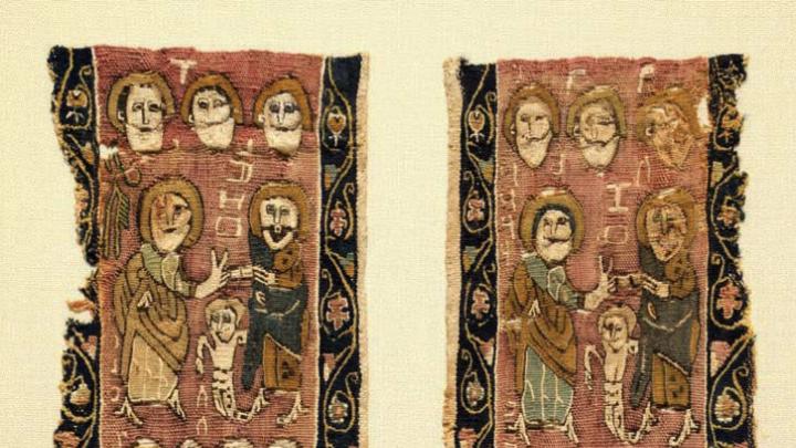 Colorful woven vertical bands from a funerary tunic depict multiple figures.