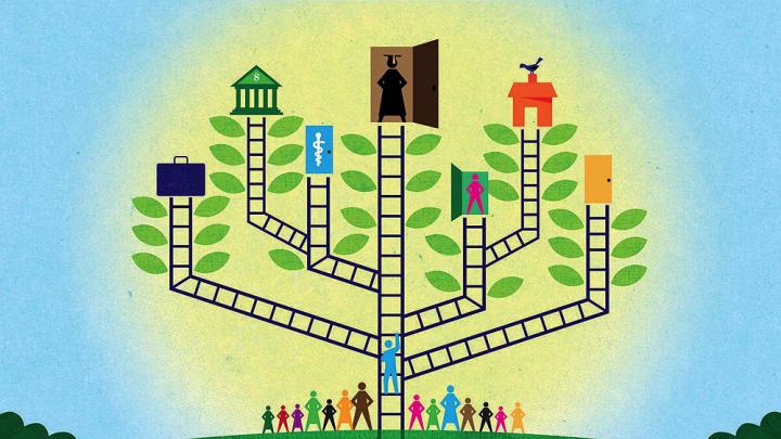 An abstract illustration of a branching tree shows the varying outcomes of government spending on programs that benefit children