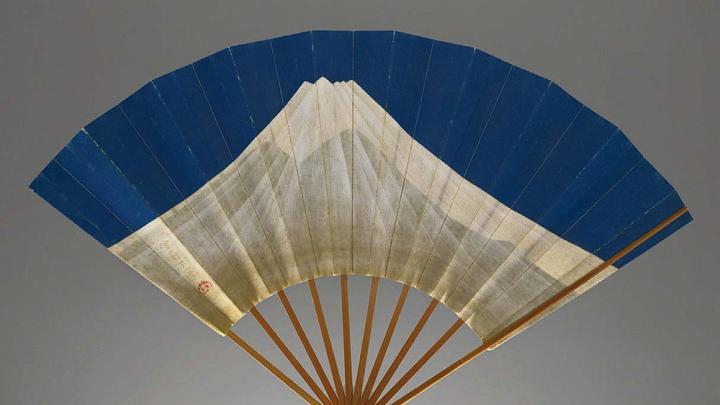 Photograph of Edo era fan depicting Mount Fuji and Mount Tsukuba on alternate sides