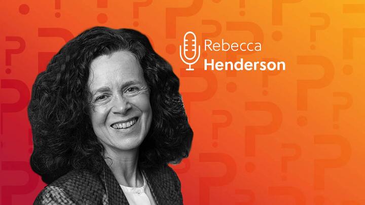 Rebecca Henderson headshot over an orange background