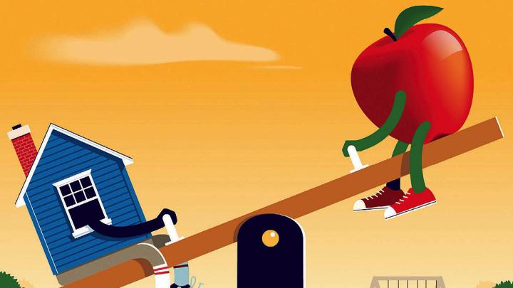 Illustration of a seesaw with a house on one end, and an apple, representing teaching, on the other.