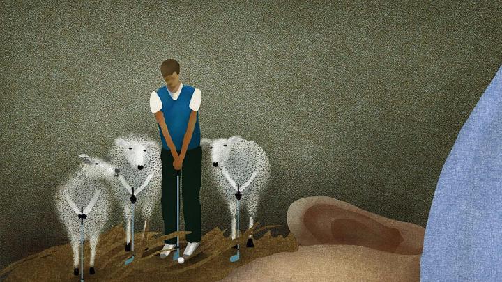 Illustration of a man sleeping as an alter ego surrounded by sheep practices his golf swing
