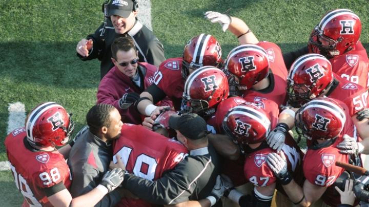 Tackle Josué Ortiz ’12 got a hero’s welcome on the Harvard sideline after blocking a Yale punt in the third period. His big defensive play set up a rushing touchdown by Gino Gordon that gave Harvard a 21-14 lead.