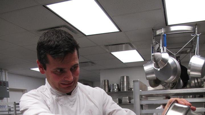 Mickaël Marsollier—Pierre Hermé's chief assistant—prepares the grapefruit that was part of the gelatin dessert.