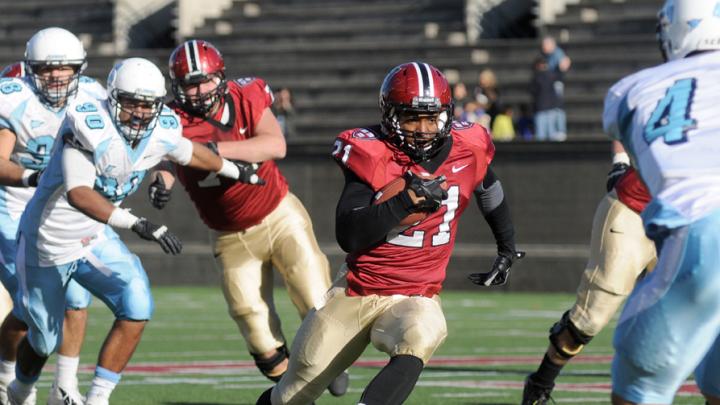 Reserve tailback Damani Wilson, a track star, outsprinted Columbia   defenders on two long-distance touchdown breakaways in the final   period of a 69-0 rout.