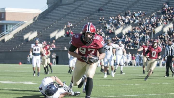 Tight end Cam Brate caught a 15-yard pass from quarterback Conner Hempel for Harvard’s first touchdown against Penn. A leg injury had kept Brate out of the team’s last two games.