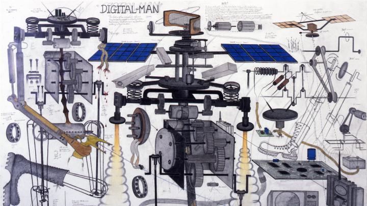 Abu Bakarr Mansaray draws Da Vinci-style diagrams of war machines, bringing together horror and cartoon comedy. This one, entitled <i>Digital Man</i>, features an alien gunfight in its lower right corner. Several of Mansaray’s wire sculptures also appear at the Cooper Gallery.