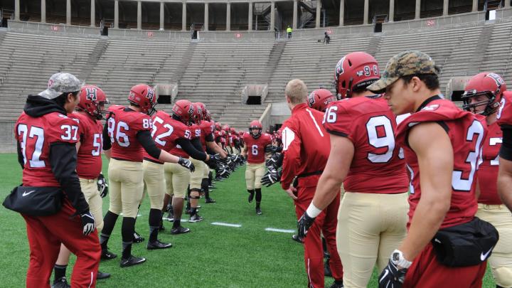 Senior Day: Sean Ahern (6) and other members of the class of 2016 were honored before their final Harvard Stadium game. There also was a moment of silence to commemorate the victims of Friday’s terrorist attacks in Paris. 