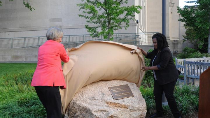 Then-Harvard president Drew Faust and Harvard Law School professor Annette Gordon-Reed unveiled a monument dedicated in 2017 to people enslaved by law school benefactor Isaac Royall Jr.