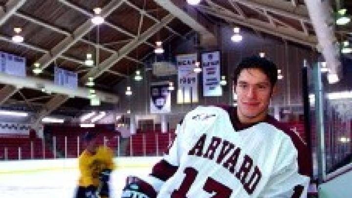 Dominic Moore, Harvard’s leading scorer last year, takes a breather at Bright Hockey Center.