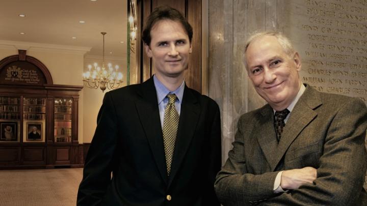 Outside the Caspersen Room at the Harvard Law School Library: Ess Librarian and professor of law John G. Palfrey VII with University Library director and Pforzheimer University Professor Robert Darnton.