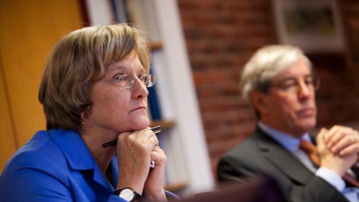 President Drew Faust and Senior  Fellow Robert D. Reischauer discussing the governance changes on December 5