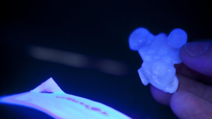 Katherine Caputo ’12 displays the glow-in-the-dark gummy bears she created for her final project in Science of the Physical Universe 27: "Science and Cooking: From Haute Cuisine to Soft Matter Science”