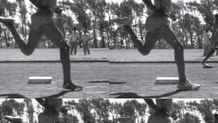 Top: An elite Kenyan athlete who grew up running barefoot strikes the ground with the forefoot when unshod, but with the midfoot when wearing shoes. Bottom: The positioning of legs and feet is identical in both cases; the shoes alone affect how the runner’s foot strikes the ground. 