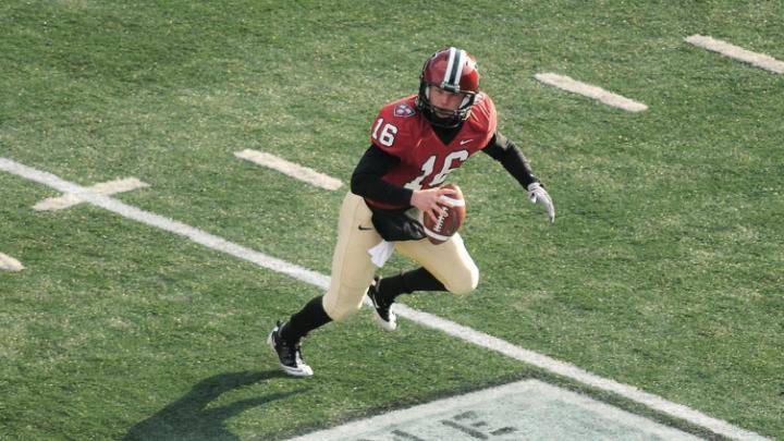 Quarterback Collier Winters completed 13 of 16 passes against Yale. His longest throw, a 46-yard pass to receiver Marco Iannuzzi, set up Harvard’s first score of the day. Back in action after breaking a collarbone in the season’s third game, Iannuzzi returned the second-half kickoff for a game-changing touchdown.  