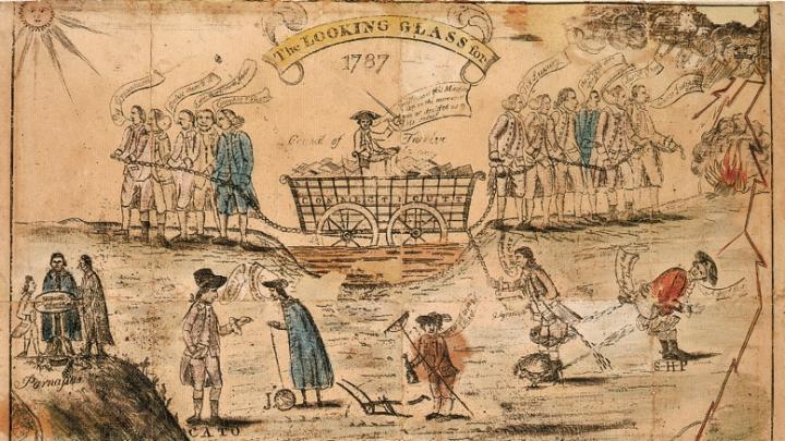 Amos Doolittle cheekily depicted the passions over ratification in this 1787 engraving with watercolor, with “Federals” (business interests), left, and agrarian “Antifederals,” right, differing over currency and Connecticut’s debts: a mired wagon being pulled in opposite directions. 
