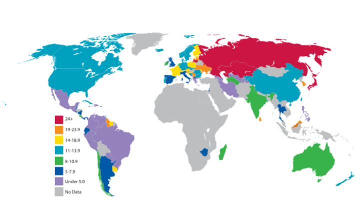 Mapping Suicide: Annual suicide rate per 100,000 population. Data shown are for the most recent year available, ranging from 1990 to 2008. The World Health Organization compiles data that countries provide; country-to-country differences may be due to actual variation in suicide rate, or to differences in reporting (e.g., where cultural taboos discourage talking about suicide), Matthew Nock warns. 