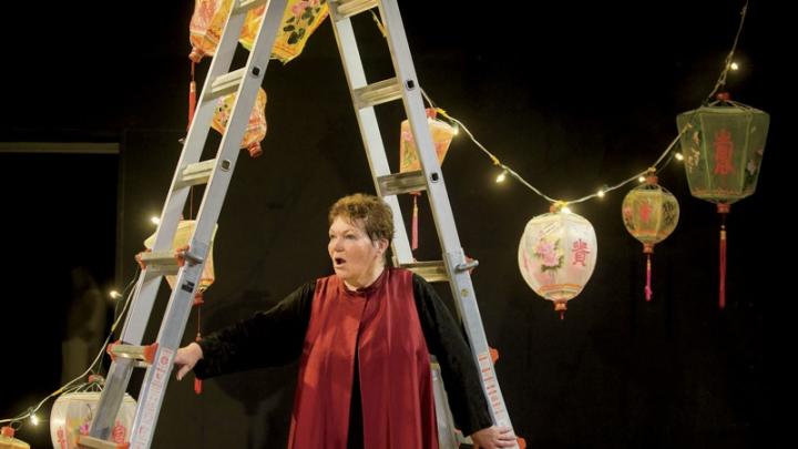 Tina Packer in <i>Women of Will,</i> her performance piece showcasing Shakespearean female characters, at Shakespeare & Company, in Lenox, Massachusetts