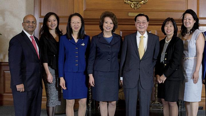 Celebrating a landmark HBS gift: Dean Nitin Nohria with Angela Chao; May Chao; Elaine L. Chao; Dr. James Si-Cheng Chao; Christine Chao; Grace Chao; and President Drew Faust 