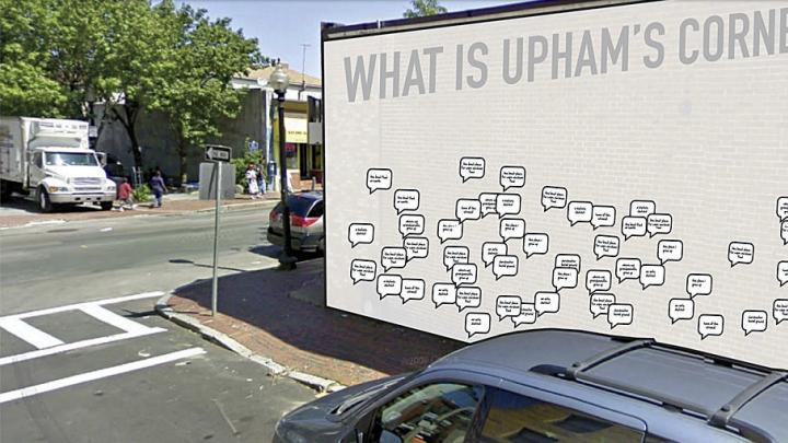 Students Sneha Khullar, Laura O&rsquo;Connor, Billy Pope, and Salmaan Khan&nbsp;suggested using a central location as&nbsp; the site for a blank canvas hosting stickers filled in by community residents, as a way to spark a dialogue about the identity of Upham&rsquo;s Corner. 