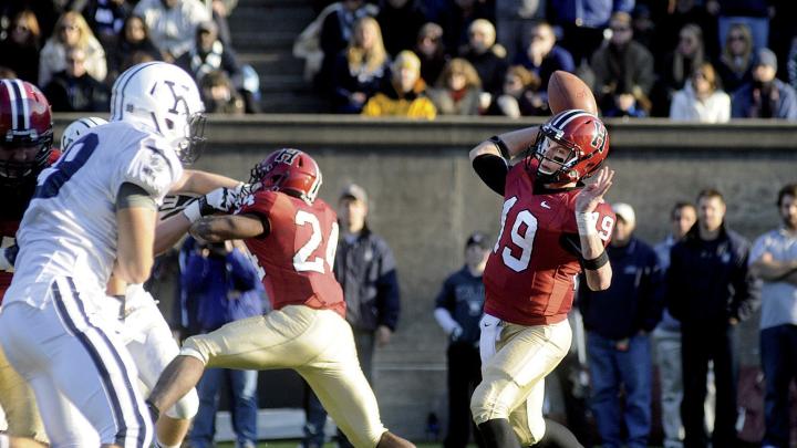 Quarterback Colton Chapple accounted for three touchdowns in the Yale game, passing for two and scoring another on foot. He threw 24 scoring passes in a spectacular senior season, breaking the Harvard record of 18 set by Neil Rose &rsquo;03 in 2002. 