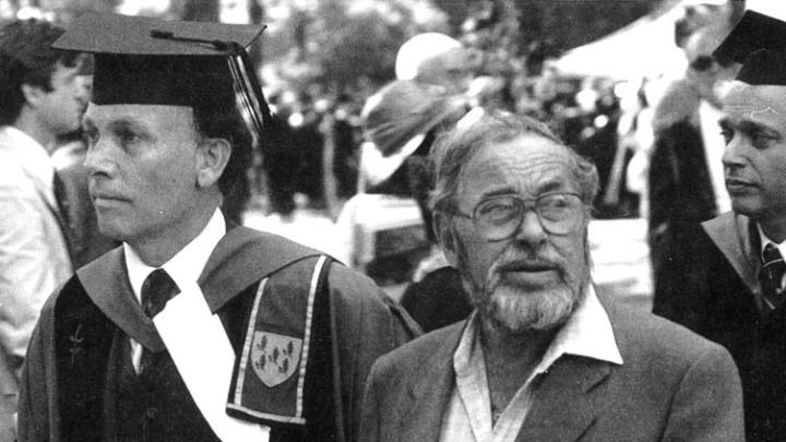 Robert Kiely escorts Tennessee Williams at Commencement in 1982.