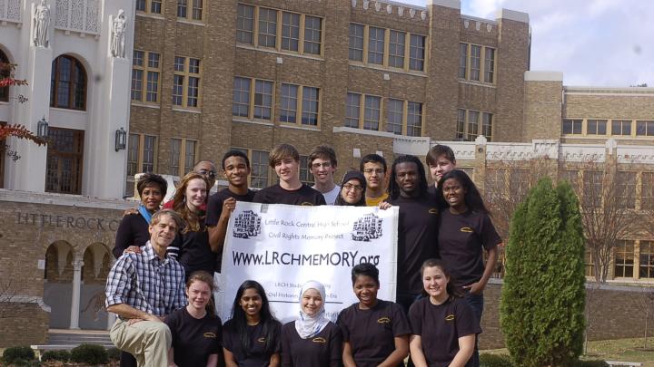 George West (far left) with his two faculty colleagues and the students of the Little Rock Central High Memory Project editing team 