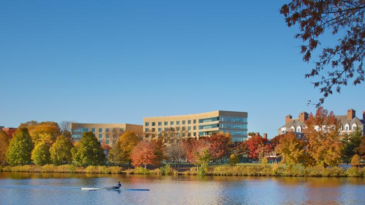 Tata Hall, as seen from the Charles River