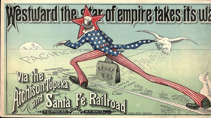 An advertisement for the Atchison, Topeka and Santa Fe Railroad