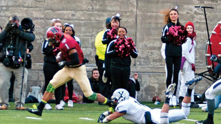 The play that made &ldquo;slant and go&rdquo; part of Crimson lore: having put a double move on Yale&rsquo;s Dale Harris, Andrew Fischer &rsquo;16 capered into the end zone after catching the winning pass from Conner Hempel with 55 seconds left.