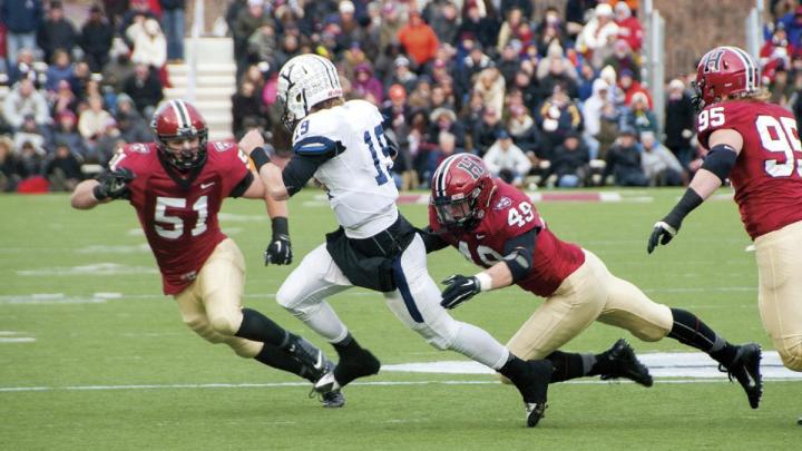 As so often happened this season, an opposing quarterback&mdash;in this case, Yale&rsquo;s Morgan Roberts&mdash;had nowhere to run against marauding Crimson defenders such as linebackers Jake Lindsey &rsquo;16 (number 51) and Eric Medes &rsquo;16 (number 49), who were helped by defensive tackle Miles McCollum &rsquo;17.