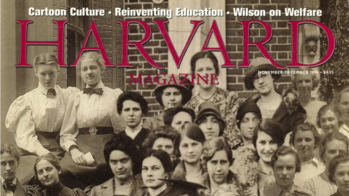 A composite of Radclife College classes through the years: 1896, 1912, 1931, and 1935 on the cover of the November-December 1999 issue of Harvard Magazine.