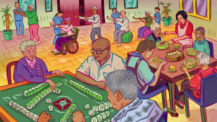 Illustration of elderly Chinese participating in activities at a senior center