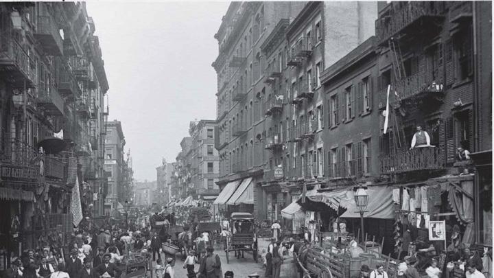 Photograph of American urban life, Mulberry Street, New York, c. 1900