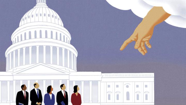 An illustration by James Steinberg shows a heavenly hand extending down to the U.S. Capitol and attempting to influence members of Congress