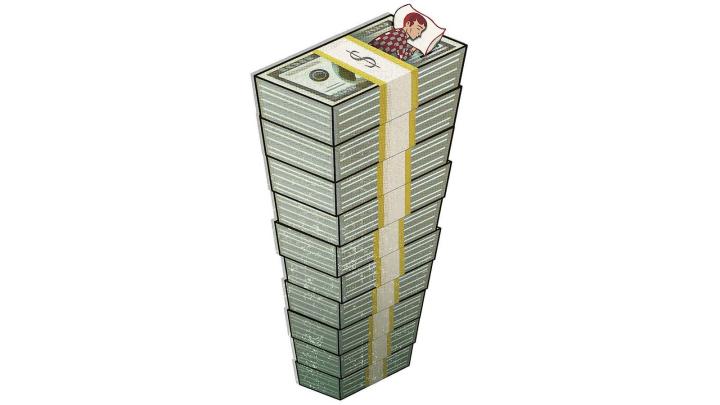 Illustratio of a man sleeping on a mattress made of stacks of dollars.