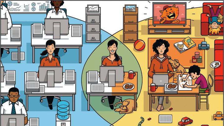 Illustration showing that a blend of working from home and in the office leads to better-performing and happier employees