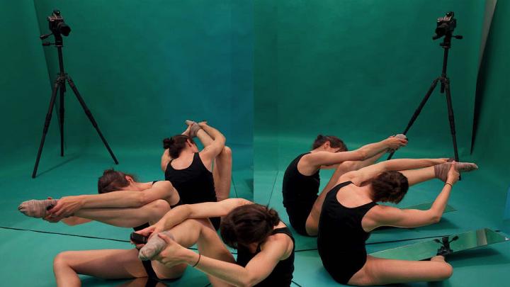 Repeated images of a ballet dancer warming up amid a teal background