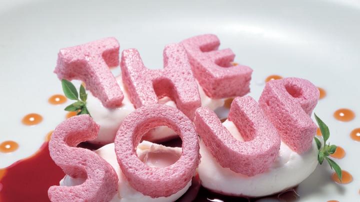 This dessert from elBulli, "alphabet soup," masters the element of surprise with its "letters" of crunchy, dehydrated strawberry meringue.