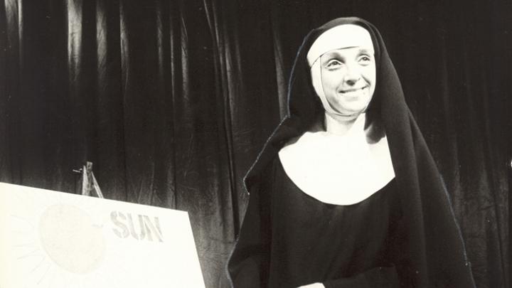 Elizabeth Franz, in the title role of Durang’s 1980 play <em>Sister Mary Ignatius Explains It All for You</em>, lays out some Roman Catholic cosmology. Franz and Durang both won Obie awards.