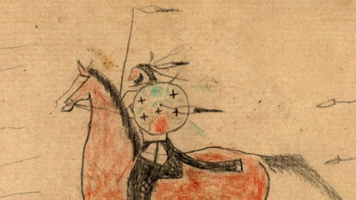 Detail from a ledger drawing by an unknown Plains Indian warrior, circa 1865, on exhibit at the Peabody Museum