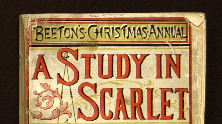 The cover of <em>Beeton's Christmas Annual,</em> a periodical which included the first publication of Doyle's "A Study in Scarlet," taken from Houghton's collection. With only about 30 copies still in existence, the magazine is considered rarer than Gutenberg Bibles.