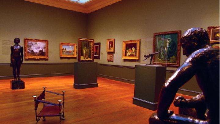 From left: Aristide Maillol, Île de France; Claude Monet, The Gare Saint-Lazare: Arrival of a Train; Monet, Red Boats, Argenteuil; Pablo Picasso, Woman with a Chignon; Paul Gauguin, Poèmes Barbares; Georges Seurat, Vase of Flowers and Seated Figures, Study for "A Sunday Afternoon on the Island of the Grande Jatte"; Paul Cézanne, Still Life with Commode; Edgar Degas, Grande Arabesque, Third Time; Picasso, Mother and Child; Charles Despiau, Seated Man, Statue for a Monument to Mayrisch.