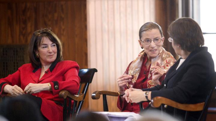 U.S. district judge Nancy Gertner (left) listens as Linda Greenhouse ’68, formerly the Supreme Court reporter for the New York Times, questions Supreme Court Justice Ruth Bader Ginsburg.
