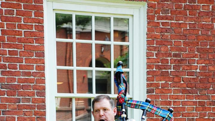 May 27, 2010 - Bagpiper Ian Massie of Wrentham, Massachusetts, led one contingent of the alumni procession on Thursday afternoon. He wears the Macbeth tartan.