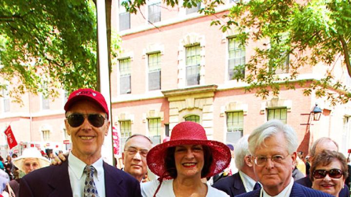 Photograph by Harvard Magazine/VL May 27, 2010 - A trio of fiftieth reunioners: David Mote, of Albany, California, Heidi Fiske, and William Slaughter, of Birmingham, Alabama, flank Heidi Fiske of New York City.